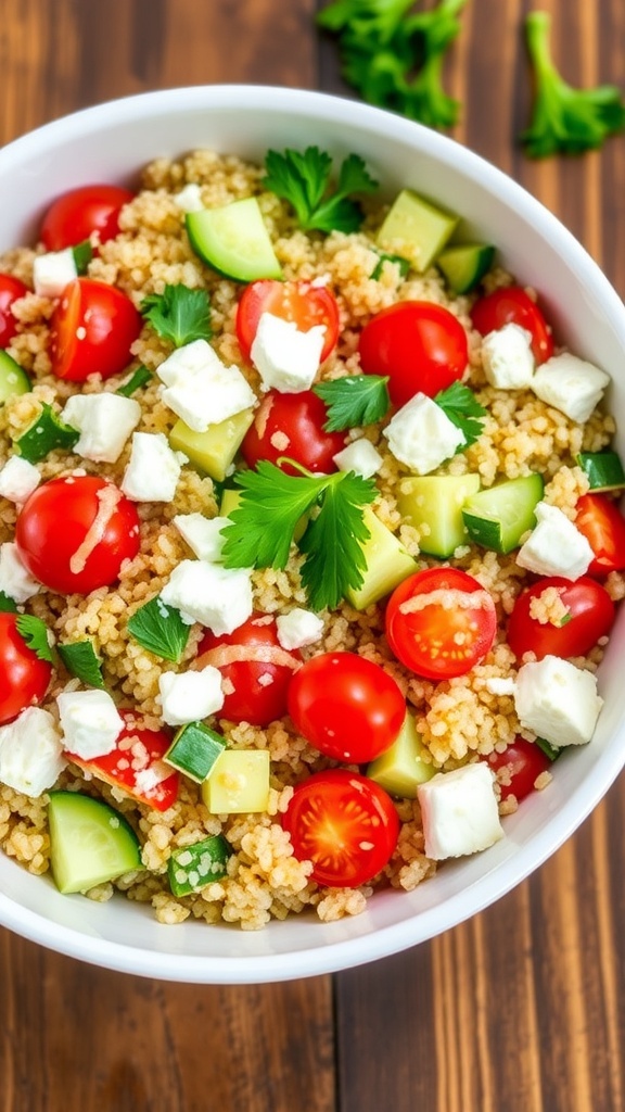 A colorful Greek quinoa salad with tomatoes, cucumber, feta cheese, and parsley in a bowl on a wooden table.
